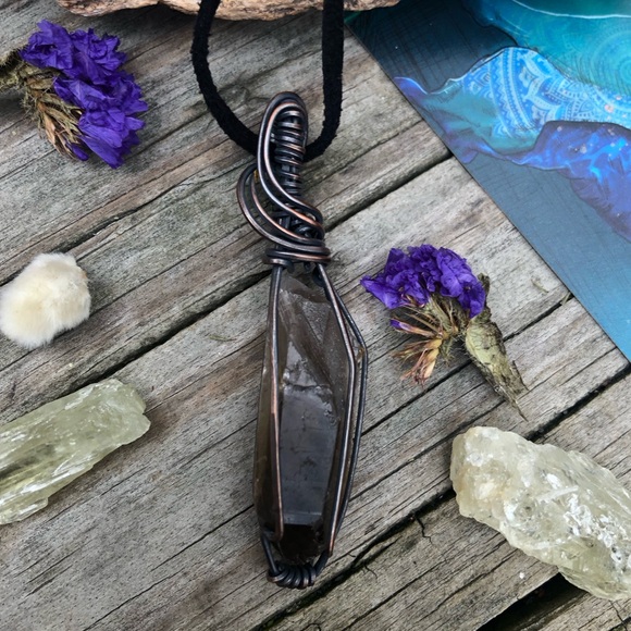 Oxidized Wire Wrapped Smoky Quartz Crystal Point Pendant Necklace - Picture 9 of 13